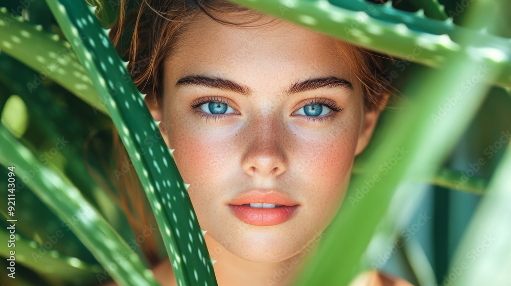 Young beautiful woman face behind Aloe Vera plant, Cosmetics natural and nourishing properties Young beautiful woman face behind Aloe Vera plant, Cosmetics natural and nourishing properties
