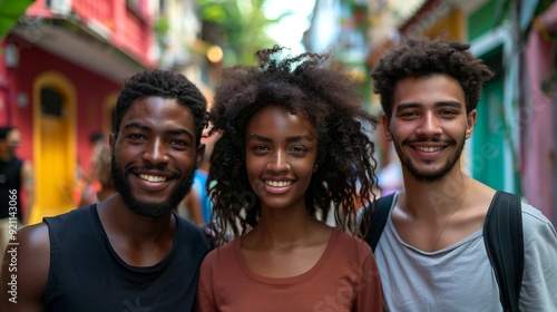 Three multiethnic friends smiling together outdoors in vibrant urban setting, enjoying casual day out. Their joyful expressions and colorful surroundings create a lively and energetic atmosphere.