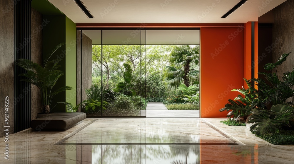 A 3D render of a modern loft interior, with an open door to a garden, marble floors, and contrasting green and orange walls. A 3D render of a modern loft interior, with an open door to a garden, marble floors, and contrasting green and orange walls.