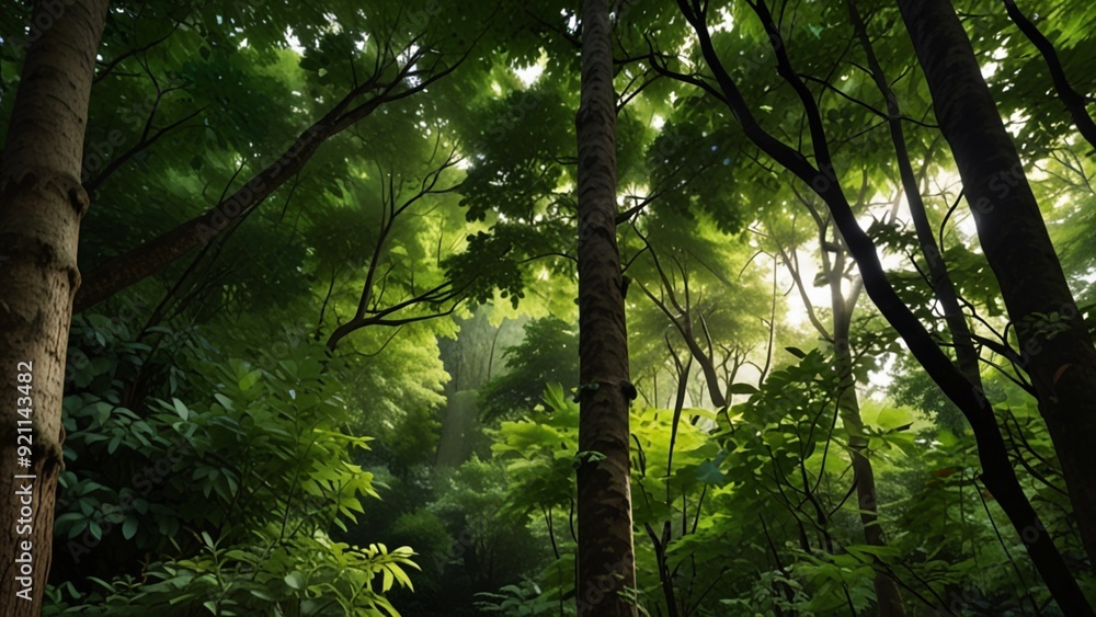 Naklejka premium A lush green canopy of leaves overhead in a tranquil summer forest