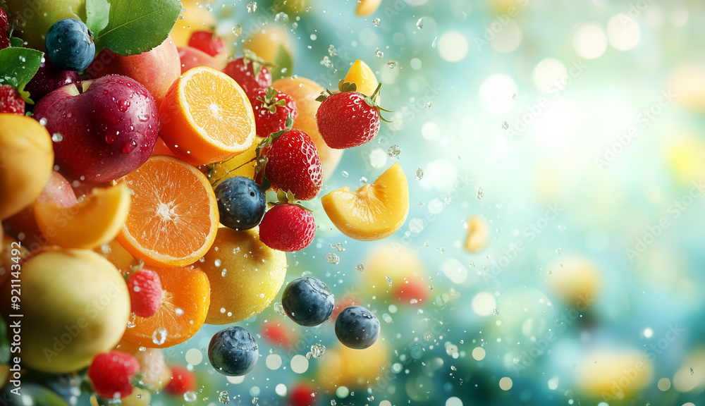 Vibrant explosion of various colorful fruits, strawberries, blueberries, oranges, peaches suspended in air, surrounded by droplets of water Vibrant explosion of various colorful fruits, strawberries, blueberries, oranges, peaches suspended in air, surrounded by droplets of water