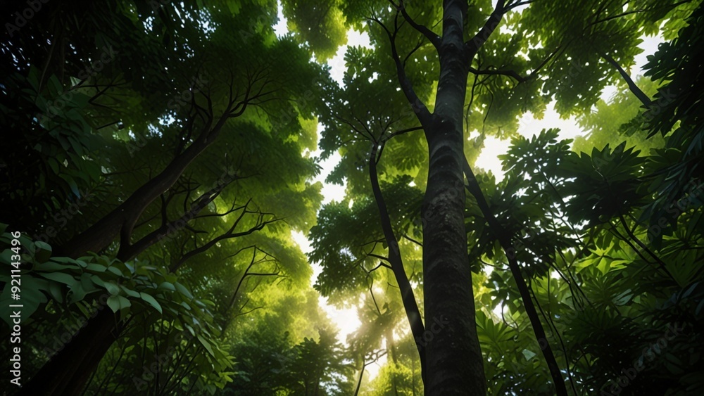 A lush green canopy of leaves overhead in a tranquil summer forest A lush green canopy of leaves overhead in a tranquil summer forest