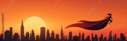 A pixel art superheroine with a flowing cape, flying over a cartoon metropolis at sunset