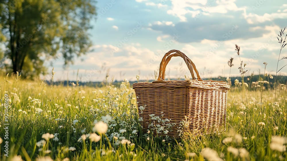 Relaxing Summer Picnic in the Grassy Meadow with Picnic Basket - Enjoying Outdoor Leisure Time Relaxing Summer Picnic in the Grassy Meadow with Picnic Basket - Enjoying Outdoor Leisure Time