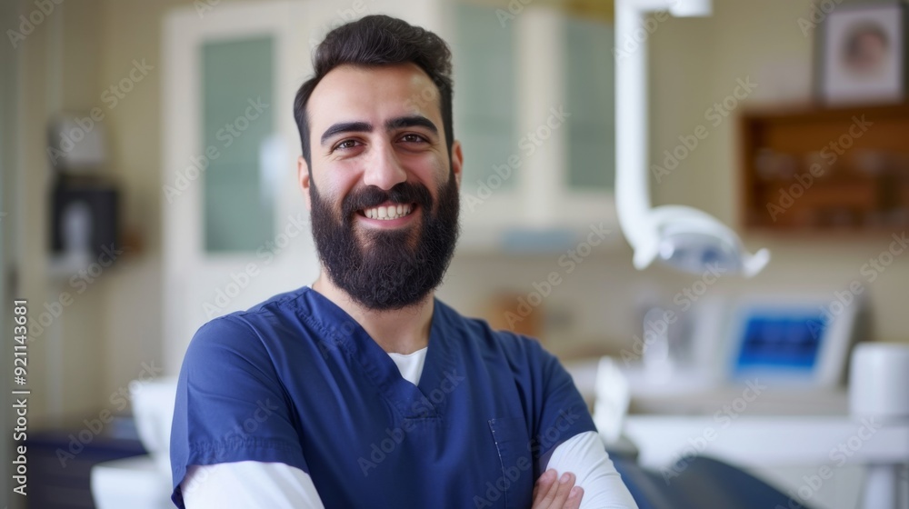 Friendly, bearded dentist smiling at the camera Friendly, bearded dentist smiling at the camera