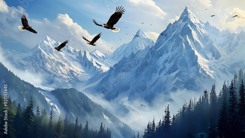 Wildlife mountains with eagles soaring
