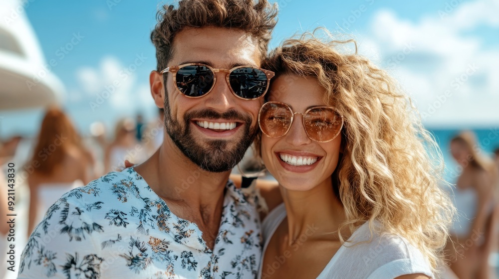 A cheerful couple is captured smiling in the sunlight, wearing sunglasses and casual summer clothing, enjoying a joyful and relaxing yacht cruise on a clear sunny day. A cheerful couple is captured smiling in the sunlight, wearing sunglasses and casual summer clothing, enjoying a joyful and relaxing yacht cruise on a clear sunny day.
