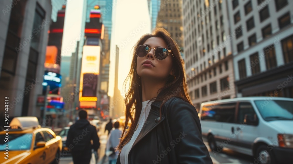 Fototapeta premium Fashionable modern woman walking or standing in a bustling city environment