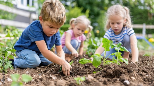 Three young children are delightfully engaged in a gardening activity, planting seeds in the soil of a backyard garden, under the supervision of bright sunny weather.