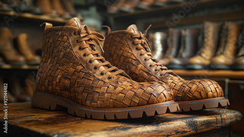 Contemporary style boot on the wooden table  photo