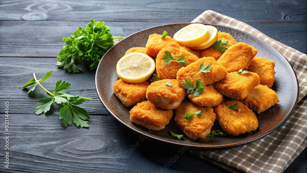 Delicious fried fish fillet nuggets served on a plate , seafood, crispy, golden, appetizer, snacks, gourmet, tasty Delicious fried fish fillet nuggets served on a plate , seafood, crispy, golden, appetizer, snacks, gourmet, tasty