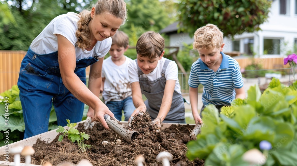 A group of children eagerly engage in gardening activities with the guidance of an adult, enthusiastically learning and enjoying the experience together outdoors. A group of children eagerly engage in gardening activities with the guidance of an adult, enthusiastically learning and enjoying the experience together outdoors.
