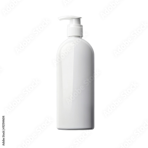 The image shows a white, cylindrical shampoo bottle with a pump dispenser. generative ai