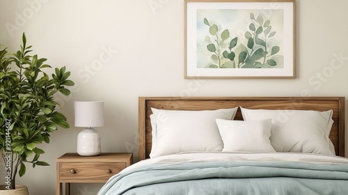 Minimalist bedroom with a wooden bed, soft green bedding, and a potted plant, creating a calming and natural atmosphere.