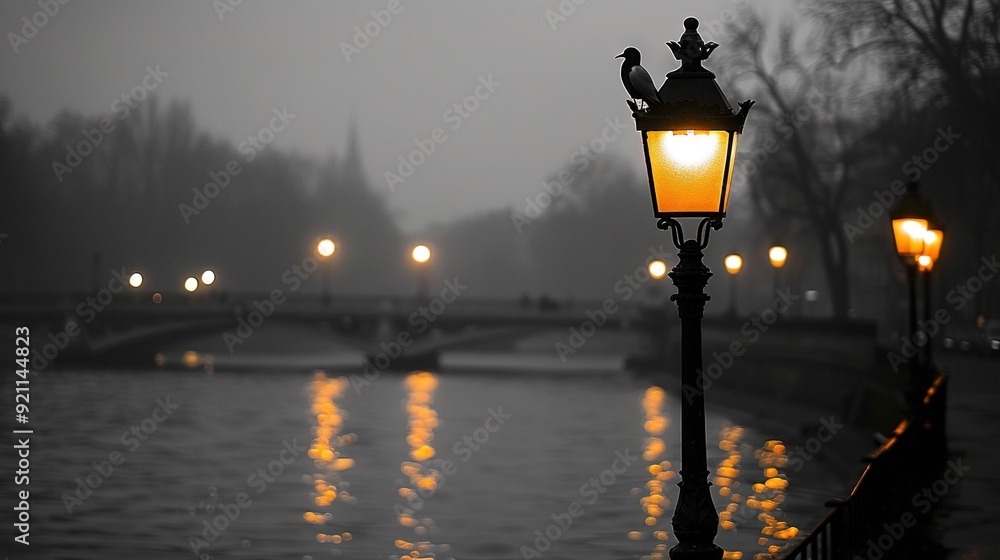   A lamp post near water with a bridge and reflections