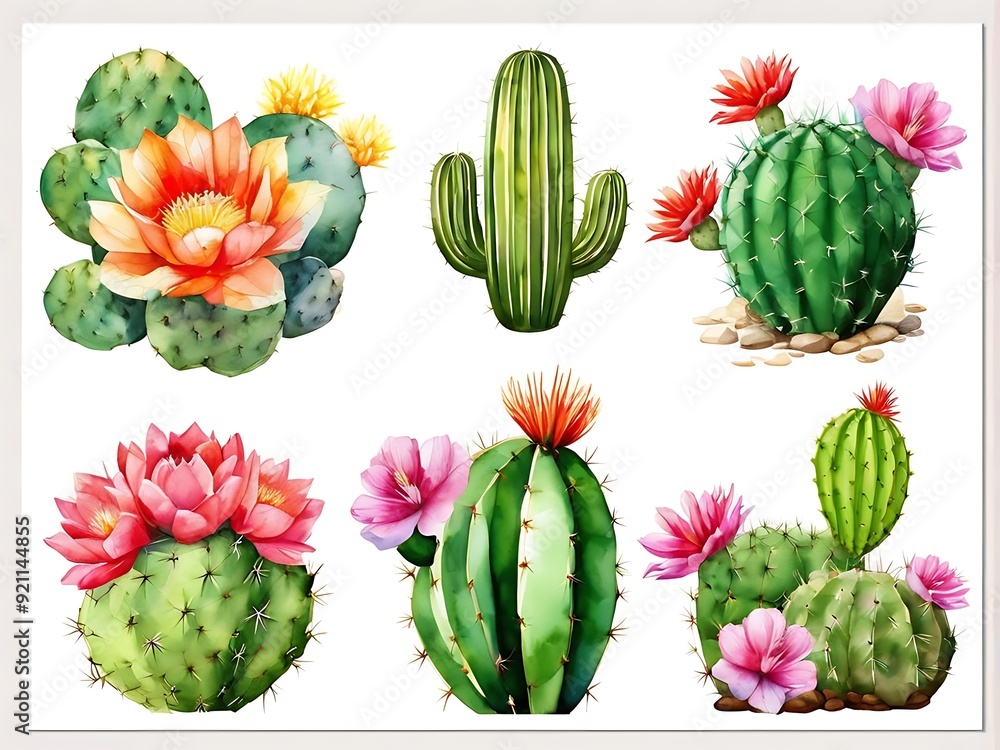 Set of cactus and blooming flower painting by watercolor Set of cactus and blooming flower painting by watercolor