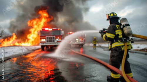 A firefighter in full protective gear and helmet aims a powerful water hose at a large structure on fire, with intense smoke and flames rising against a dramatic sky.