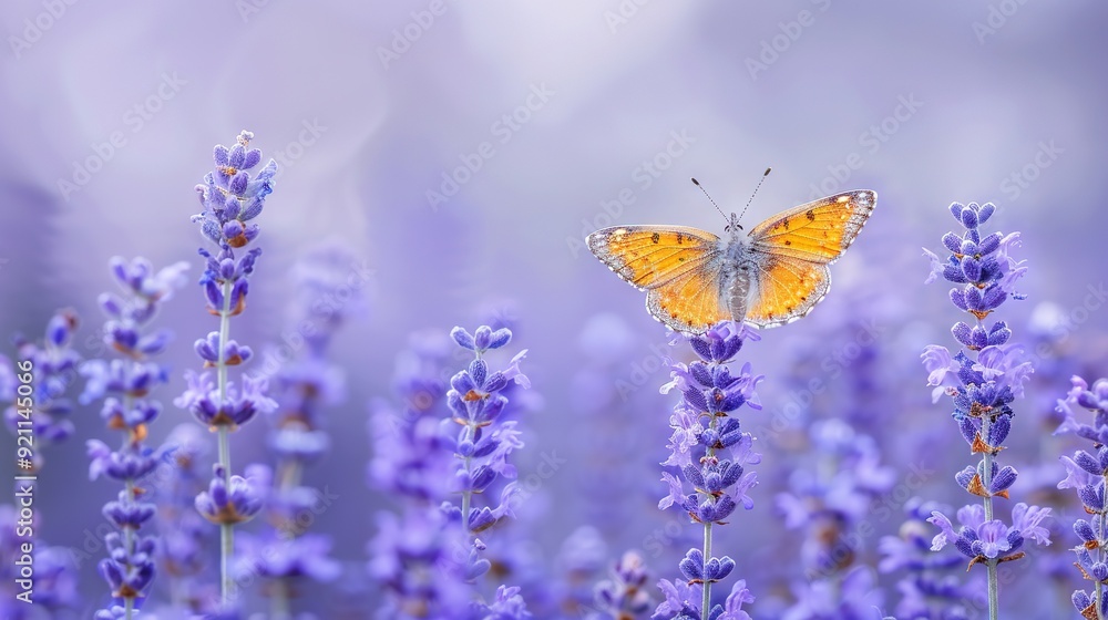 Naklejka premium A yellow butterfly rests on a purple flower, surrounded by a cluster of purple blossoms, on a sunlit day