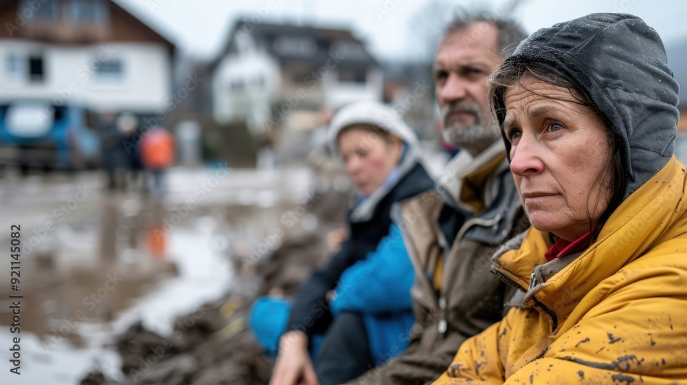 Group of people sitting on the ground, looking worried and exhausted, in aftermath of a flood disaster, capturing the somber and challenging post-crisis environment. Group of people sitting on the ground, looking worried and exhausted, in aftermath of a flood disaster, capturing the somber and challenging post-crisis environment.