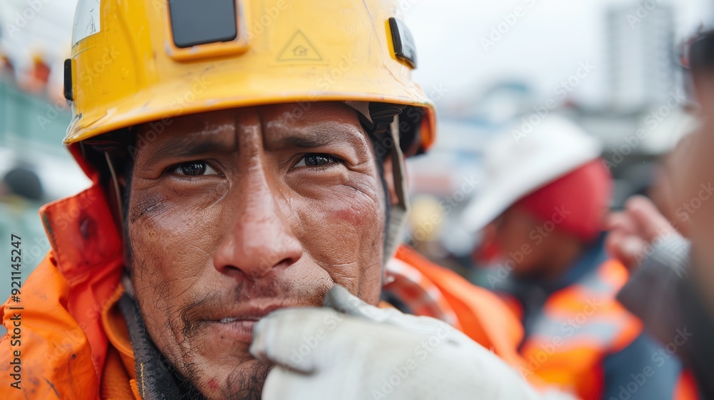 Close-up of a determined rescue worker's face with visible dirt and sweat, wearing protective gear. Behind him, other rescue workers are engaged in a rescue operation. Close-up of a determined rescue worker's face with visible dirt and sweat, wearing protective gear. Behind him, other rescue workers are engaged in a rescue operation.