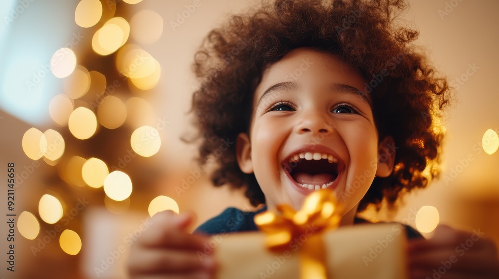 A young child with a big smile holding a wrapped gift in a festive Christmas setting with blurred lights in the background, showcasing joy and celebration.