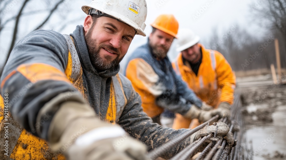 Three construction workers in safety gear handle the rebar framework at a construction site, demonstrating teamwork, strength, and dedication in their tasks. Three construction workers in safety gear handle the rebar framework at a construction site, demonstrating teamwork, strength, and dedication in their tasks.
