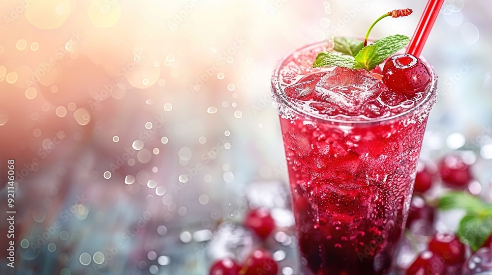 A close-up shot of a drink in a glass with a straw and a cherry garnish on the rim A close-up shot of a drink in a glass with a straw and a cherry garnish on the rim
