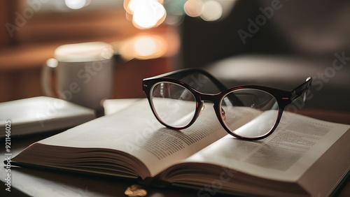 The image captures a cozy home office setting with stylish reading glasses on an open book, highlighting the warm, ambientlighting, smooth book pages, and delicate reflections. photo