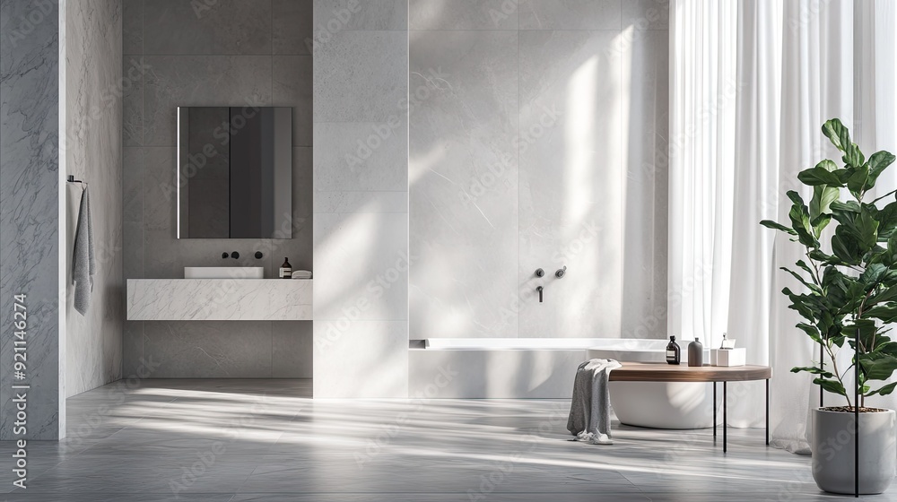 A clean and modern bathroom with a marble shower curtain, minimal vanity, and sleek grey tiles, offering a fresh and elegant look. A clean and modern bathroom with a marble shower curtain, minimal vanity, and sleek grey tiles, offering a fresh and elegant look.