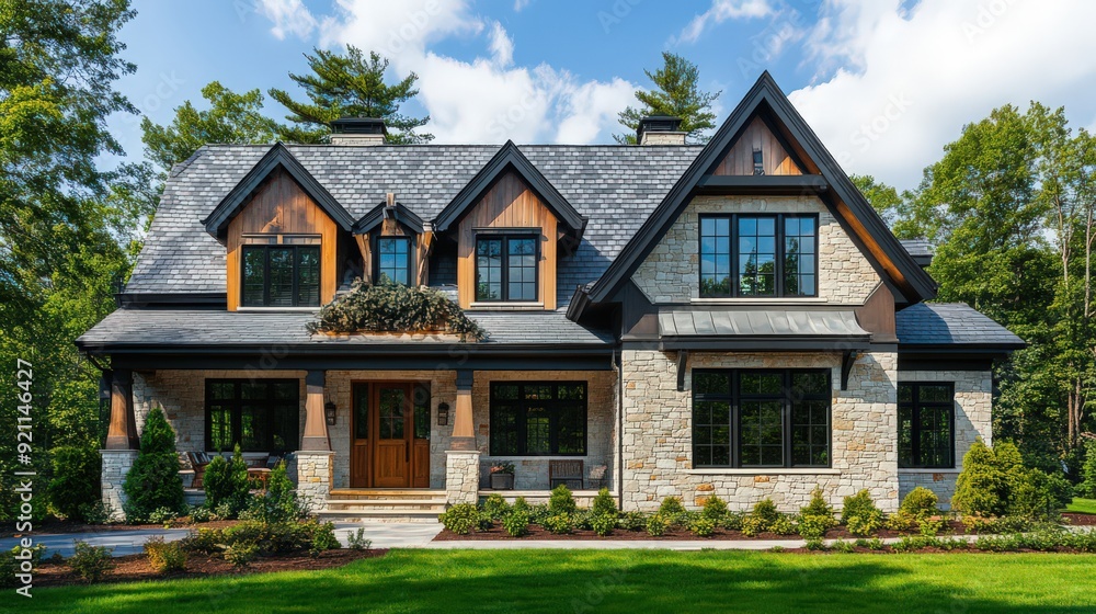 A traditional 2-storey house with a pitched roof, dormer windows, and a classic exterior design featuring stone and wood elements. A traditional 2-storey house with a pitched roof, dormer windows, and a classic exterior design featuring stone and wood elements.