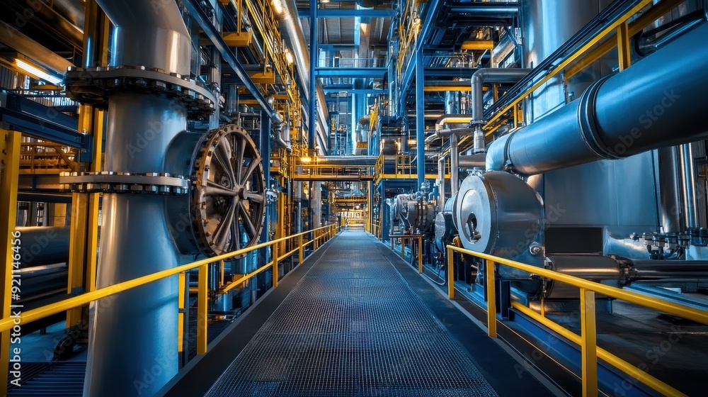 Industrial Plant Interior: A View of Pipes, Catwalks, and Machinery Industrial Plant Interior: A View of Pipes, Catwalks, and Machinery