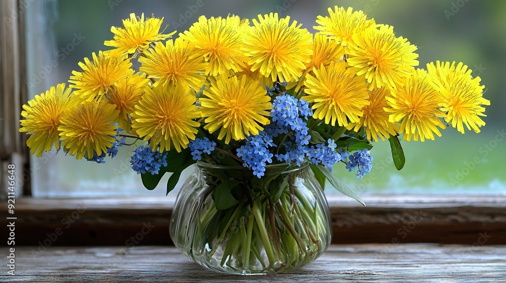 A yellow-filled vase perches atop a wooden window sill, nestled beside the glass pane A yellow-filled vase perches atop a wooden window sill, nestled beside the glass pane