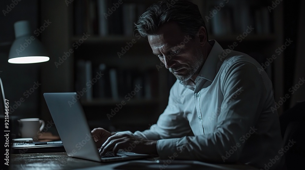The Weight of the Night: A seasoned professional grapples with the demands of his work, illuminated by the solitary glow of his laptop in the stillness of his home office. The Weight of the Night: A seasoned professional grapples with the demands of his work, illuminated by the solitary glow of his laptop in the stillness of his home office.