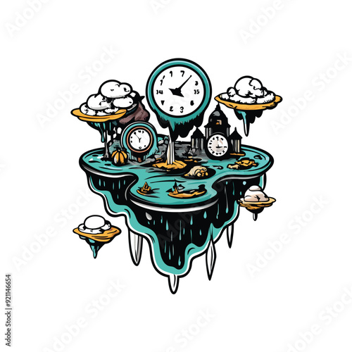 Surreal dreamscape featuring floating islands, melting clocks, and a dripping turquoise liquid.