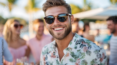 A cheerful man in sunglasses and a patterned shirt, smiling and enjoying a sunny beach party with friends, capturing the joyous and playful essence of a summer day by the sea.