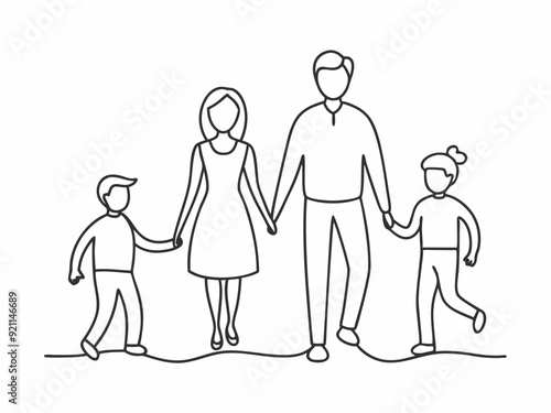 continuous single line drawing of mother and father with two children walking hand in hand, family line art vector illustration
