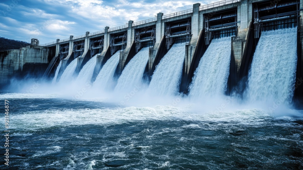 close-up of a dam with water gushing through its gates, illustrating the strength and control of hydroelectric power. close-up of a dam with water gushing through its gates, illustrating the strength and control of hydroelectric power.