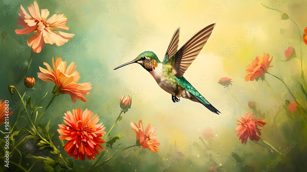 Hummingbird hovering near flowers
Hummingbird hovering near flowers