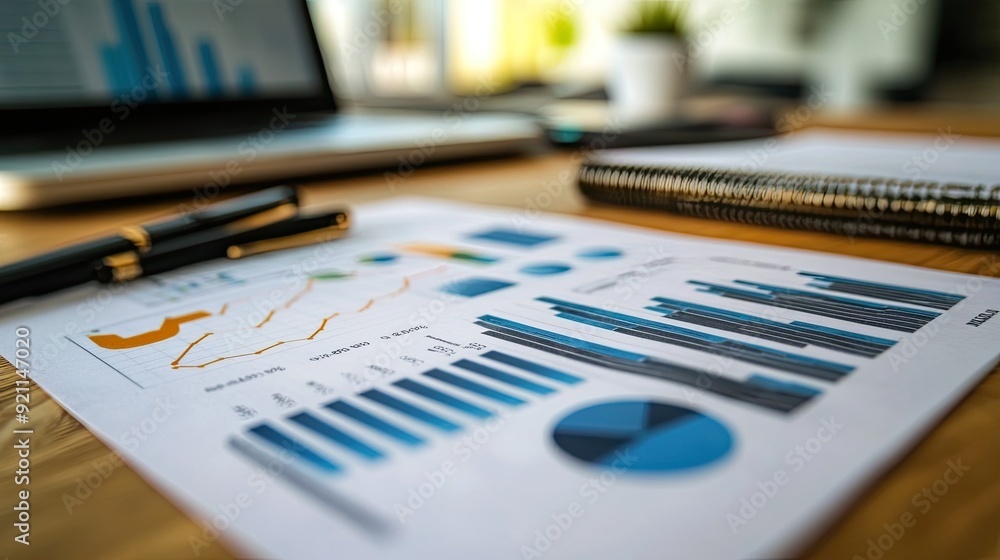 A close-up of a financial report featuring charts and graphs, spread out on a wooden desk with pens and other office supplies, ready for analysis. A close-up of a financial report featuring charts and graphs, spread out on a wooden desk with pens and other office supplies, ready for analysis.
