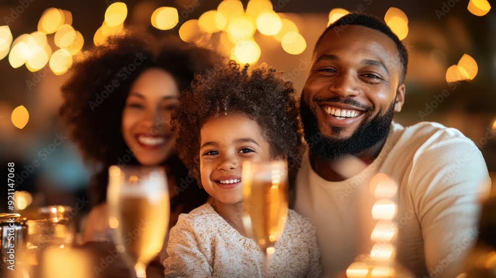 A joyful family of three, illuminated by festive lights, smiles and enjoys a celebratory dinner together, with champagne flutes on the table hinting at the special occasion. A joyful family of three, illuminated by festive lights, smiles and enjoys a celebratory dinner together, with champagne flutes on the table hinting at the special occasion.