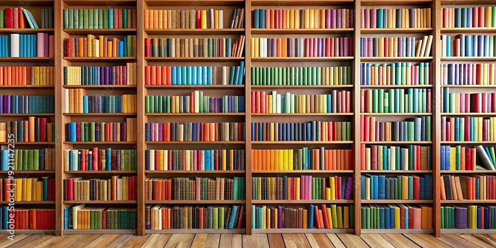 Book shelves in a library filled with colorful books , education, literature, reading, knowledge, academic, school Book shelves in a library filled with colorful books , education, literature, reading, knowledge, academic, school
