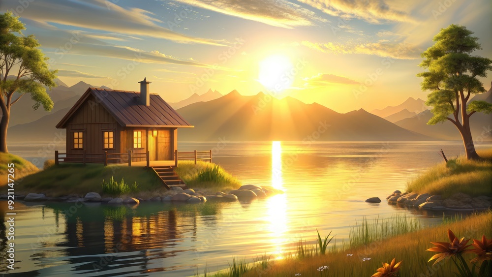 Fototapeta premium A cozy cabin by a peaceful lake during a golden sunset.