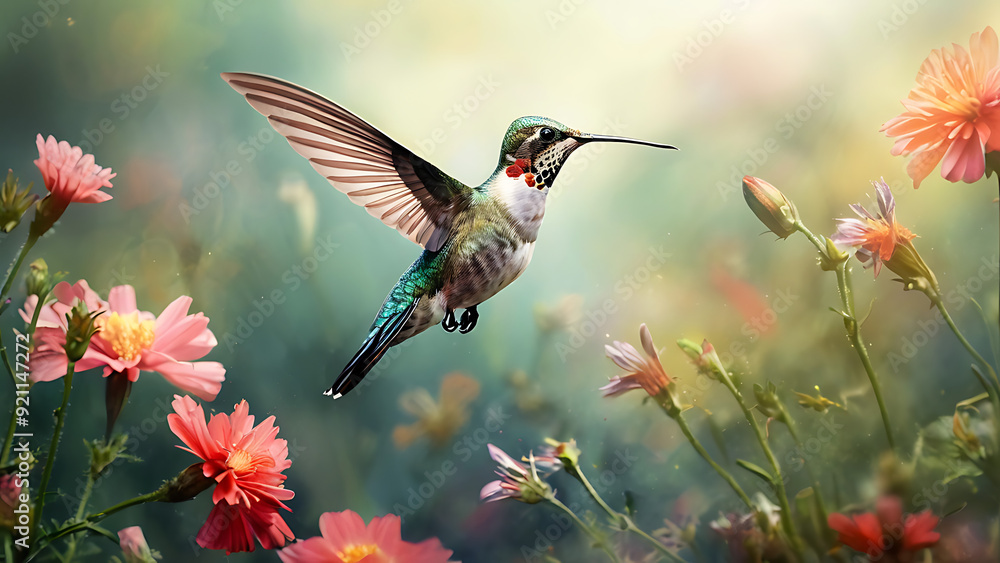 Fototapeta premium Hummingbird hovering near flowers