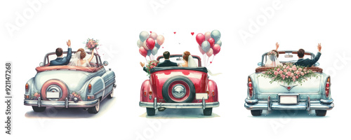 Retro wedding car, rear view, the newlyweds are sitting inside and waving their hands. Classic old car for vector illustration of weddings and invitations.