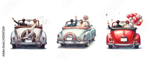 Retro wedding car, rear view, the newlyweds are sitting inside and waving their hands. Classic old car for vector illustration of weddings and invitations.
