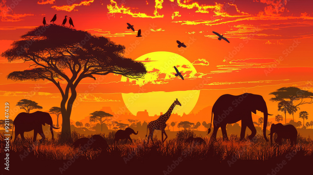 A group of elephants and giraffes are walking in the wild A group of elephants and giraffes are walking in the wild