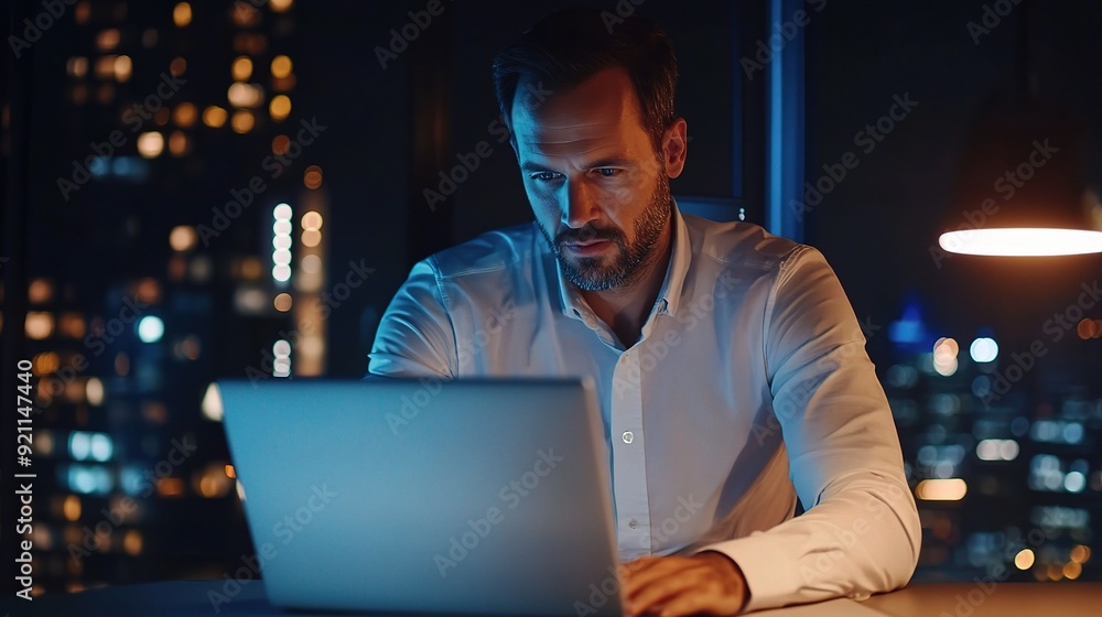 Burning the Midnight Oil: Focused businessman working late on laptop, city skyline backdrop Burning the Midnight Oil: Focused businessman working late on laptop, city skyline backdrop