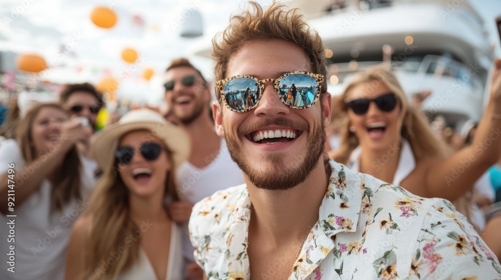A crowd of happy people enjoys a lively party on a cruise ship under a clear blue sky with festive decorations, depicting celebration, joy, and togetherness at sea. A crowd of happy people enjoys a lively party on a cruise ship under a clear blue sky with festive decorations, depicting celebration, joy, and togetherness at sea.