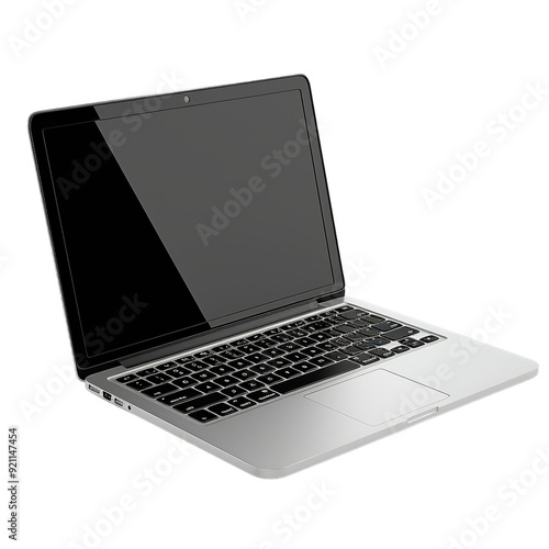 A sleek, silver laptop with a black keyboard and touchpad, resting on a white surface. generative ai