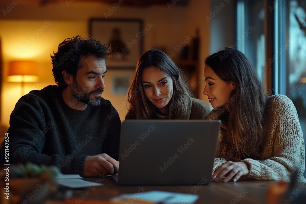 Agent Demonstrating Property via Laptop to Young Couple Agent Demonstrating Property via Laptop to Young Couple
